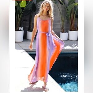 Skies Are Blue SMALL strappy zigzag wavy ombre maxi dress red pink blue lined